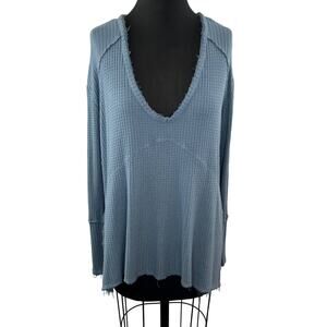 FREE PEOPLE Women's Blue Deep V-Neckline Long Sleeve Waffle Knit Top Size M